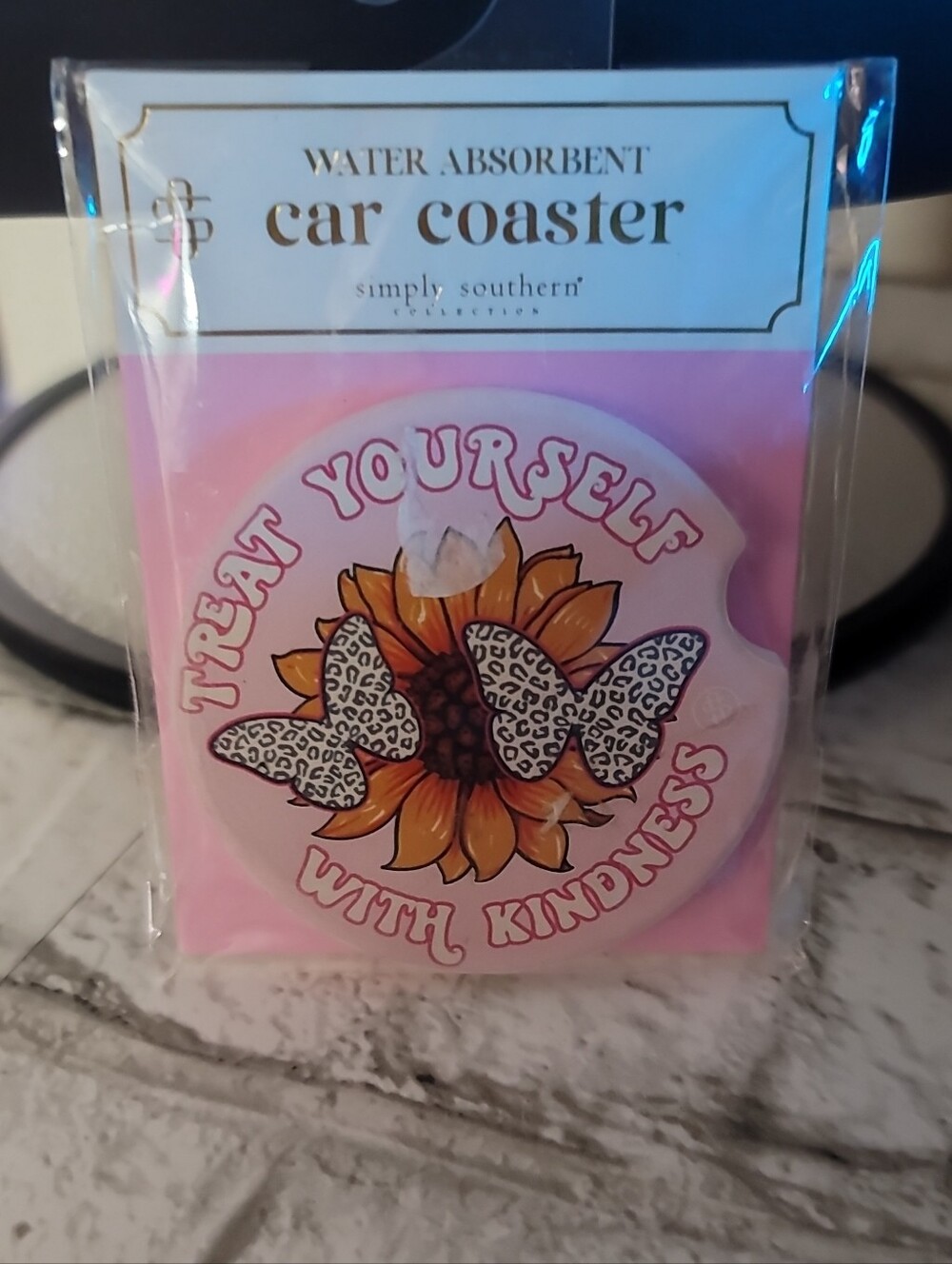 Simply Southern Pink Sunflower & Leopard Butterfly Car Coaster